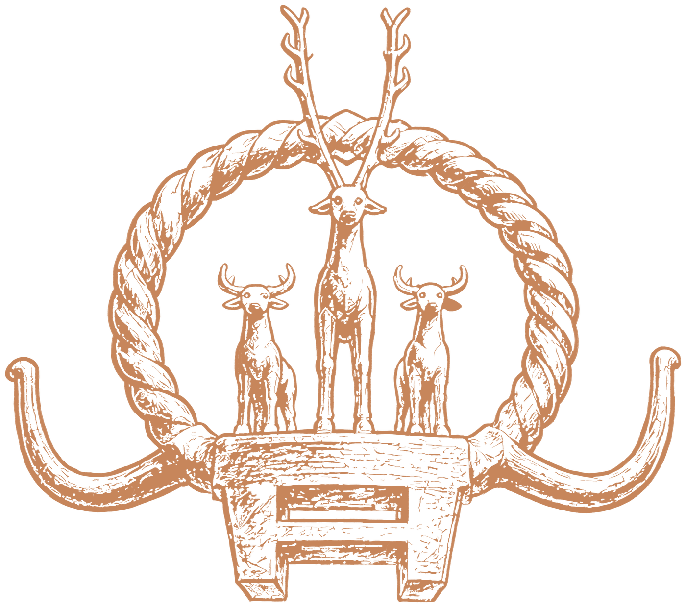 Drawing of a Hattian ritual standard: a stag flanked by two bulls inside a twisted ring, above a pair of horns